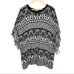 Gianni Bini Black and white poncho style sweater with fringe size medium M